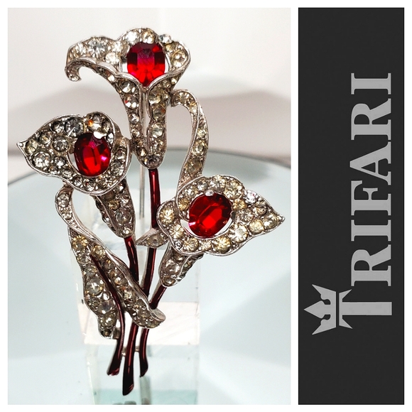 TRIFARI Collectors 1940's A. Spaney Ruby Calla Lilly Brooch Pin - Picture 1 of 7